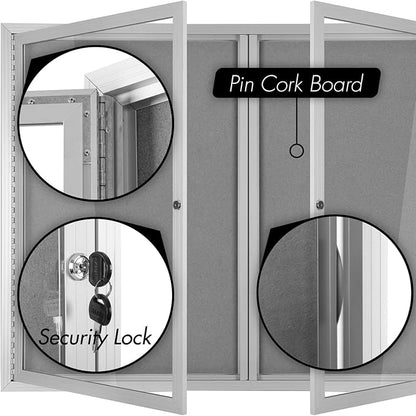INNOVART Enclosed Bulletin Board 48” x 36”, Lockable Fabric Noticeboard with Aluminum Frame, Wall Display Case with 2 Swing-Open Doors Grey Felt, Information Cabinet for School, Office, Commercial