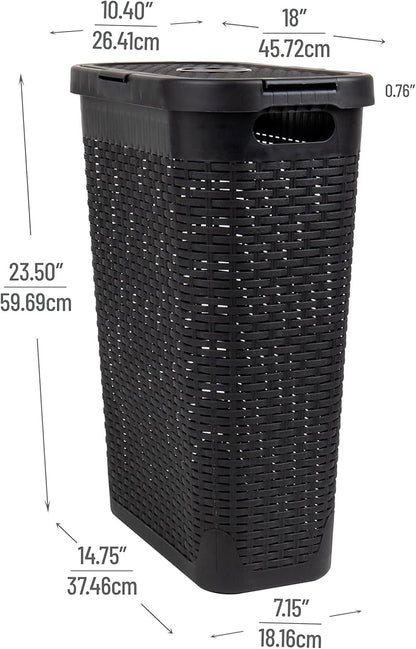 Mind Reader Slim Laundry Hamper with Lid, 40L Clothes Basket, Premium Wicker Design, Plastic, Black
