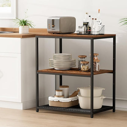 Kitchen Island with 3 Shelves, Kitchen Shelf with Large Workstation, Bakers Rack, Workbench, Metal Frame, Rustic Brown and Black