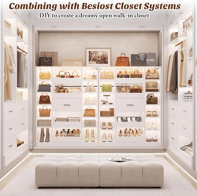 40" Closet System with LED Lights, Wooden Closet Organizer System with 5 Drawers & 12 Shelves, Versatile Closet Storage Tower for Walk-in Closets, Shoe Rack and Handbag Storage Cabinet, White