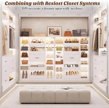 40" Closet System with LED Lights, Wooden Closet Organizer System with 5 Drawers & 12 Shelves, Versatile Closet Storage Tower for Walk-in Closets, Shoe Rack and Handbag Storage Cabinet, White