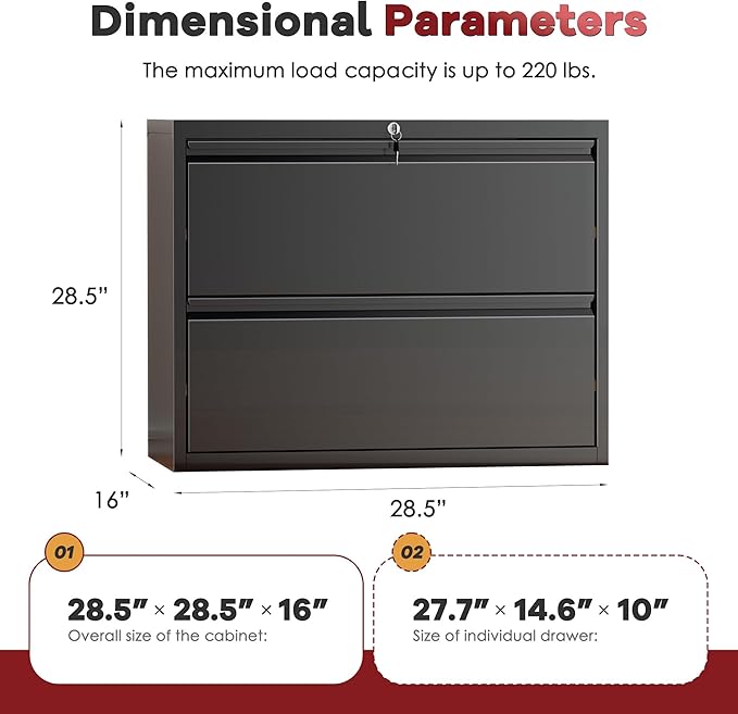 Bonusall File Cabinet, Lateral Filing Cabinet, 2 Drawer Metal File Cabinet with Lock, Lockable Filing Cabinet for Home Office, Hanging Files Letter/Legal/A4/F4 - Black