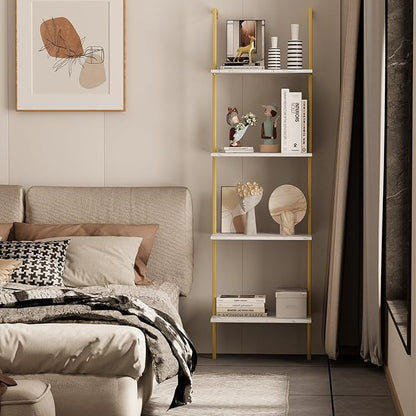 Ladder Shelf 4 Tiers Metal Industrial Bookshelf,White Marble Wood Tall Open Storage Rack and Display Shelves,Wall Mount Wide Book Case for Home Office Bedroom,Small