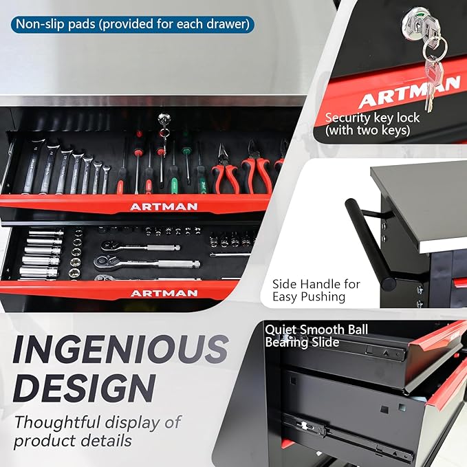 4-Drawer Rolling Tool Chest with Stainless Steel Countertop,Tool Chest with Secure Locking System,Mobile Storage Tool Cabinet with 360°Wheels and Padded Feet,for Home,Garage (Black+Red)