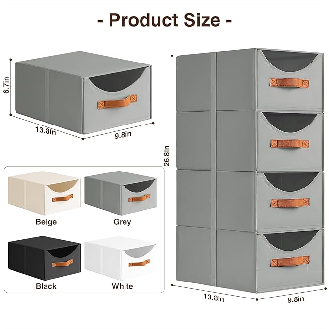 Stackable Storage Drawers - Collapsible Storage Bins with Drawers, 4 Pack Closet Shelf Organizer Basket, Fabric Pull Out Organizer for Bedroom, Living Room, Dorm, Grey
