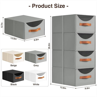 Stackable Storage Drawers - Collapsible Storage Bins with Drawers, 6 Pack Closet Shelf Organizer Basket, Fabric Pull Out Organizer for Bedroom, Living Room, Dorm, Grey