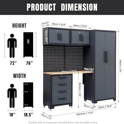 Garage Storage Cabinet System 7-Pcs Workshop Set Garage Cabinets and Storage System with Steel Cabinet Drawers, Workbench, Pegboard for Tool Organization