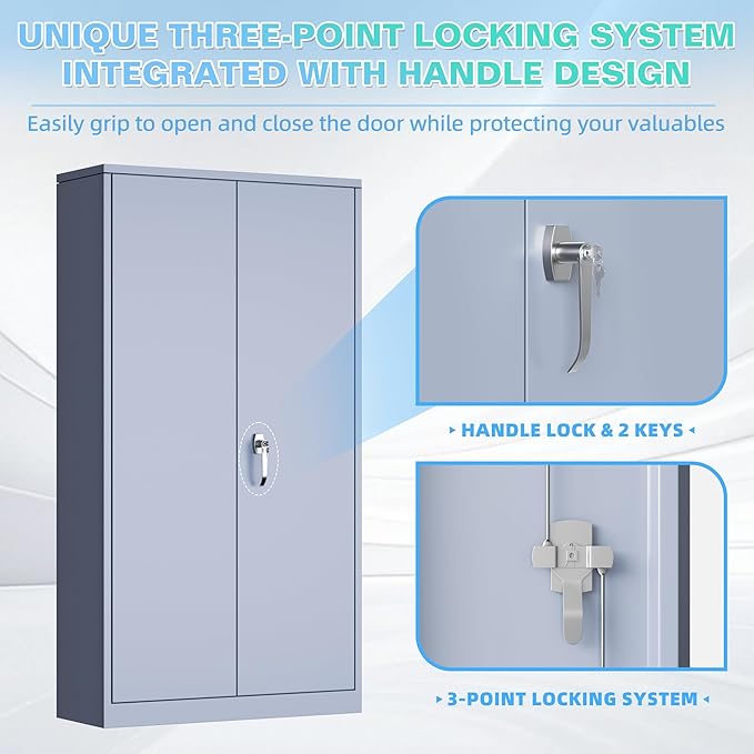 Bonusall Tool Garage Cabinet with Lock, 2 Doors Metal Storage Cabinets with 4 Adjustable Shelves, Lockable Steel Cabinet for Home Office, Warehouse，School(Cement Grey)