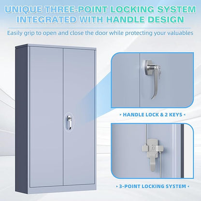 Bonusall Tool Garage Cabinet with Lock, 2 Doors Metal Storage Cabinets with 4 Adjustable Shelves, Lockable Steel Cabinet for Home Office, Warehouse，School(Cement Grey)