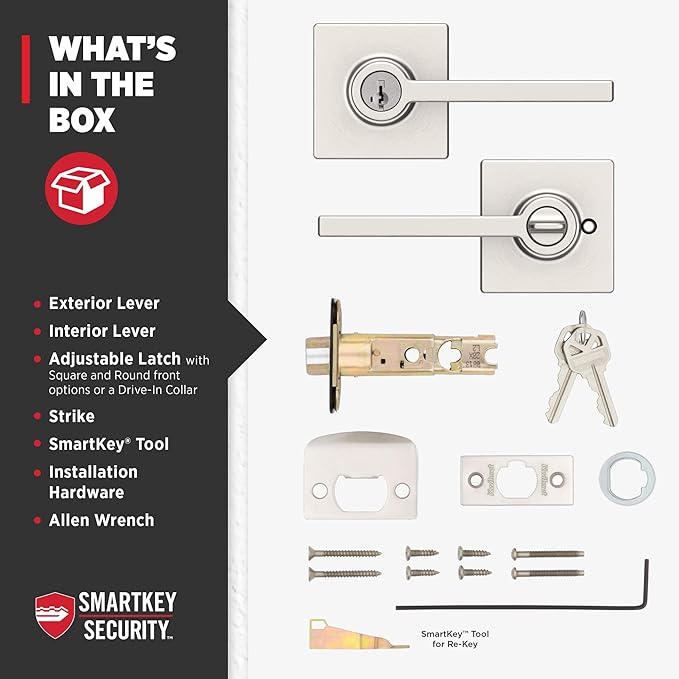 Kwikset Casey Entry Door Handle with Lock and Key, Secure Keyed Reversible Lever Exterior, For Front Entrance and Bedrooms, Satin Nickel , Pick Resistant Smartkey Rekey Security and Microban