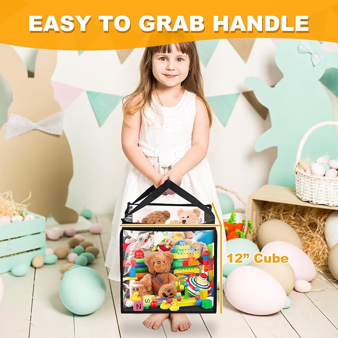 4 Pack Clear Toy Storage Bin with Lids - 12" x 12" Storage Cube Bin Foldable PVC Boxes with Handles, Storage Organizers for Toys, Clothes, Blocks, Stuffed Animal Storage(Black)