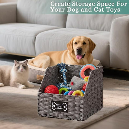 Dog Toy Storage Basket,Rattan Weave Organizer Bin for Dogs Cats,Collapsible Puppy Toys Box with Wire Frame, Easy-Access(Grey)