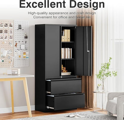 SISESOL 2 Drawer Lateral File Cabinet with Lock and Shelf,71" Black Filing Storage Cabinet with Doors,Locking Metal Storage Cabinets with Drawers for Home,Office,Garage,School,Fit A4/Letter/Legal File