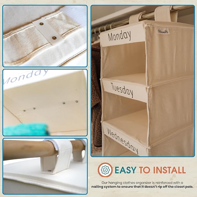 Super Heavy Duty Kids Closet Organizers and Storage | Linen Weekly Clothes Organizer for Kids with 6 Shelves | Hanging Clothes Organizer | Kids Clothes Rack w/Hook & Loop