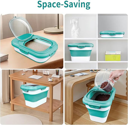 Rice Storage Container, Collapsible Airtight Food Storage Containers 6-20 Lbs, Rice Dispenser with Measuring Cup and Small Bin for Flour Cereal Pasta Grain, Cat Pet Dog Bird Food Container