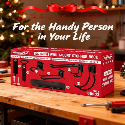SEDY 64" Heavy Duty Garage Storage Tool Organizer Wall Mount - Tool Rack with Adjustable Hooks, Anti-Rust, 300lbs Capacity - Easy Installation (10 Hooks, 4 Rails, 3 Straps)