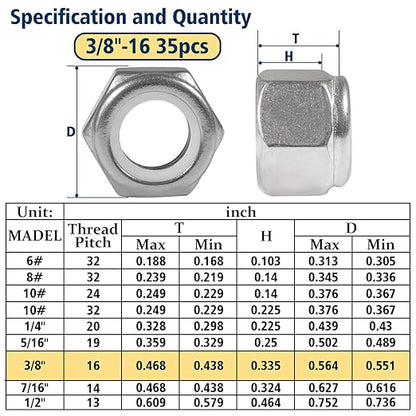 35 Pack 3/8"-16 Inch Locknuts,304 (A2-70) Stainless Steel Nylon Insert Lock Nuts,Standard Inch Thread Nylock Nuts