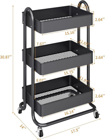 MIOCASA 3-Tier Metal Utility Rolling Cart, Heavy Duty Multifunction Cart with Lockable Casters, Easy to Assemble, Suitable for Office, Bathroom, Kitchen, Garden (Dark Gray, 3-Tier-Metal)