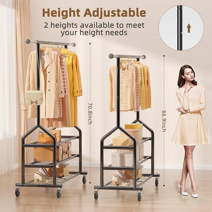 EAGMAK Heavy Duty Clothes Rack Load 556 LBS, Rolling Clothing Rack With 3 Shelves, Adjustable Metal Clothes Hanger with Wheels, Portable Wardrobe Organizer Garment Rod for Hanging Clothes (Black)