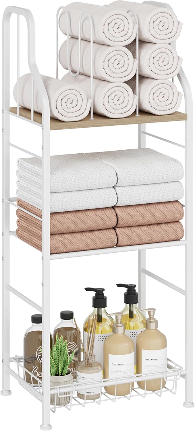 SWTYMIKI Free Standing Towel Rack - 3 Tier Towel Racks for Bathroom with M-Shaped Dividers, Durable Metal Towel Holder, Pool Towel Rack, Space-Saving Towel Storage Organizer, Modern Bath Towel Shelf