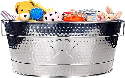 BREKX Stainless Steel Indestructible Dog Toy Bin - Pet Storage Bin with Handles, Large Organizer Storage Basket for Pet Toys, Blankets, Leashes - Pawprint Design Home Decor (Silver - 25 Quart)