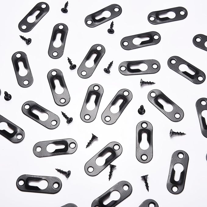 Ripeng 30 Pcs Single Keyhole Hangers Picture Hanger with 60 Pcs Screws Metal Keyhole Hanging Brackets Fasteners for Wall Mirror Picture Frames, 43 x 16 mm(Black)