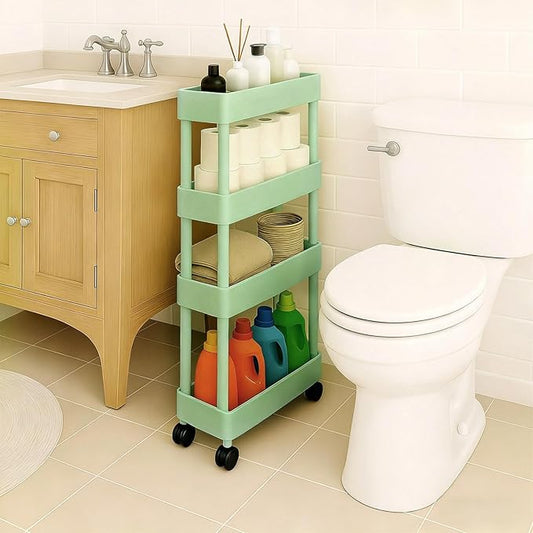 ShellKingdom 4 Tier Bathroom Storage Organizer, Slim Rolling Storage Cart for Narrow Space, Mobile Shelving Unit with Lockable Wheels and Hooks for Bathroom, Kitchen, Laundry Movable Shelf (Green)