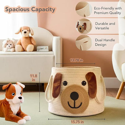 Large Dog Woven Basket with Handles - Toy Storage Bin, Baby Gift & Animal Nursery & Cute Laundry Basket, for Clothes, Towels, Toys (Dog)