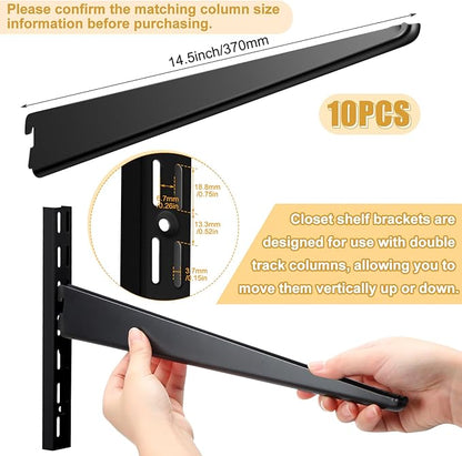 10 Pack Adjustable Shelf Brackets for Double Track System Closet Organization Heavy Duty Wire Shelf Brackets (Black,14.5 Inch)
