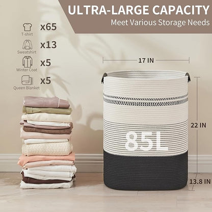DOFASAYI Laundry Hamper - 85L Large Laundry Basket with Leather Handles, Decorative Storage Basket for Blankets - Clothes Hamper for Living Room, Bedroom, Black & White