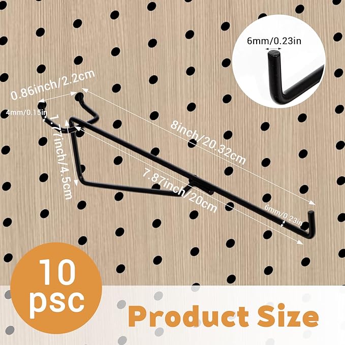 10-Pack Pegboard Shelf Hooks, 8" Black Metal Pegboard Shelf Brackets, Heavy Duty Peg Board Shelving Organizer Accessories for Garage Workshop Storage System