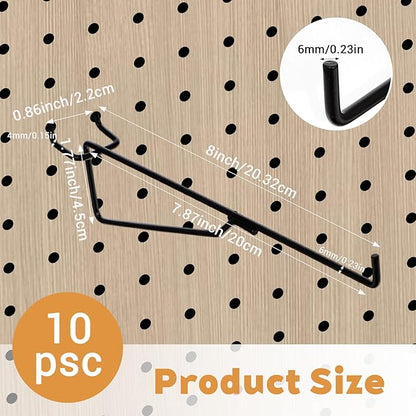 10-Pack Pegboard Shelf Hooks, 8" Black Metal Pegboard Shelf Brackets, Heavy Duty Peg Board Shelving Organizer Accessories for Garage Workshop Storage System