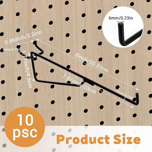 10-Pack Pegboard Shelf Hooks, 8" Black Metal Pegboard Shelf Brackets, Heavy Duty Peg Board Shelving Organizer Accessories for Garage Workshop Storage System