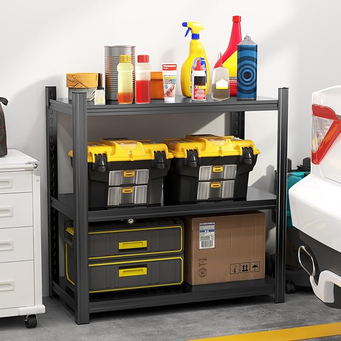 Storage Shelves 3 Tier Adjustable Garage Shelving Heavy Duty 31.5" W x 15.7" D x 31.5" H Metal Shelving Unit for Garage Shelves, Utility Rack Shelf, Storage Warehouse Pantry Closet, Black