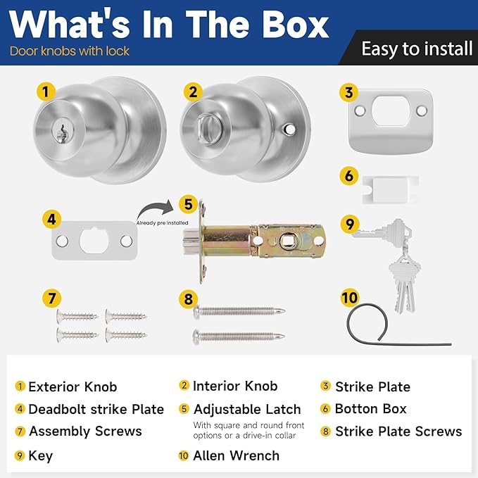 Keyed Entry Door Knob with Lock and Key, Exterior and Interior Door Lock for Bedroom, Entry Door Handle for Front Door，Satin Nickel
