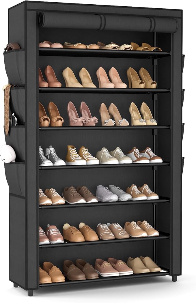 Shoe Rack with Cover, 7 Tier Shoe Organizer Storage for 32-40 Pair Shoes and Boots Large Shoe Storage Shelf Space Saving Vertical Shoe Rack for Closet, Front Door Entrance, Dorm, Garage