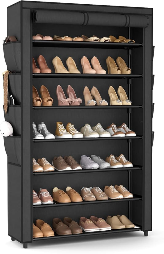 Shoe Rack with Cover, 7 Tier Shoe Organizer Storage for 32-40 Pair Shoes and Boots Large Shoe Storage Shelf Space Saving Vertical Shoe Rack for Closet, Front Door Entrance, Dorm, Garage