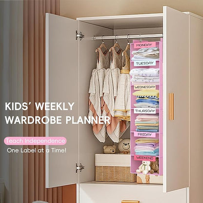 VERONLY Weekly Hanging Closet Organizer for Kids, 6-Shelf Clothes Storage with Labeled Days of The Week Monday Through Friday, Weekday and Weekend, Days of The Week Clothes Organizer