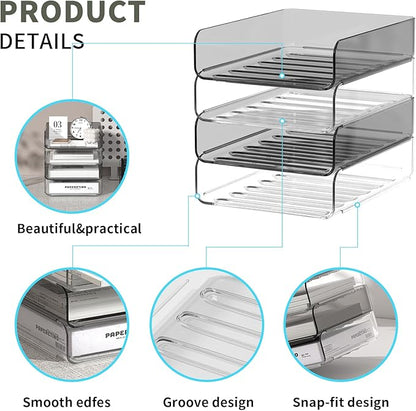 Acrylic Paper Tray Organizer for Desk, Clear & Brown Stackable Letter Tray, 4-Tier Paper File Organizer, Office Desk Accessories for Document Organization
