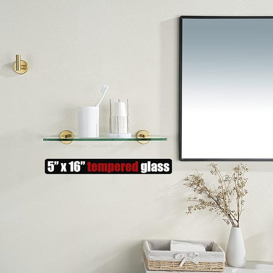 JQK Bathroom Glass Shelf Gold, Tempered Glass Shower Storage 16 by 5 inches, 304 Stainless Steel Brushed Gold Wall Mount 2 Pack, TGS101L16-BG-P2