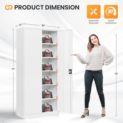 Metal Garage Storage Cabinets with Lock, 71" Tall Tool Cabinet with 2 Door and 5 Adjustable Shelves, Locking Garage Cabinets and Lockable Steel Locker for Home Office Warehouse - (White-71”H)