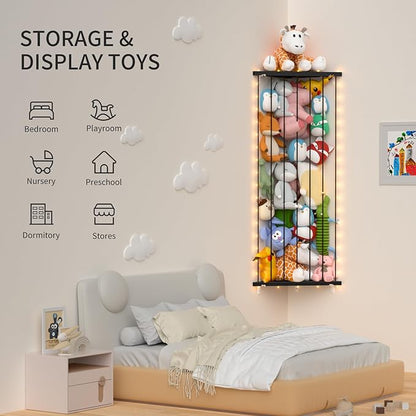 Stuffed Animal Storage Shelf Organizer(Patented) - Corner Stuffed Animal Holder Length Adjustable - Wall Plush Storage for Nursery Playroom Bedroom Kids Room (Black+Light, Standard)
