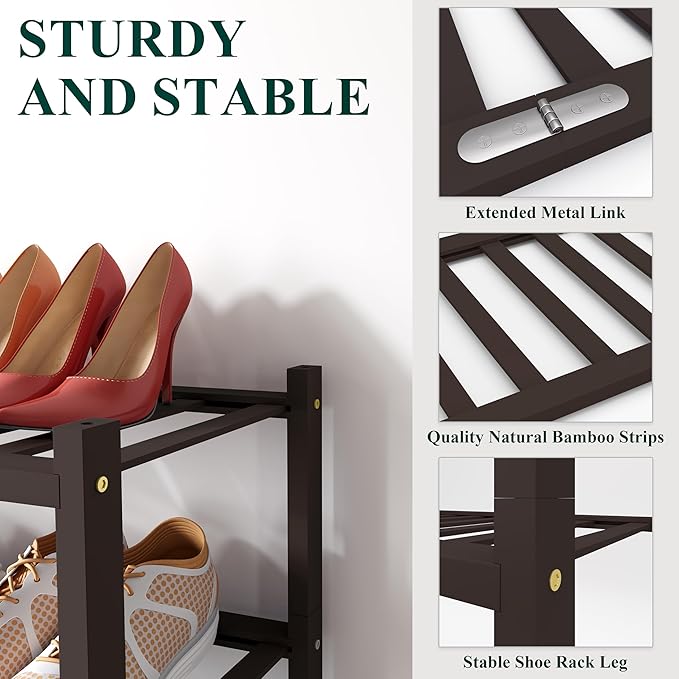 Smiry Bamboo Shoe Rack for Closet, 2 Tier Wooden Stackable Shoe Organizer, Free Standing Shoes Storage Shelf for Entryway, Front Door Entrance, Brown