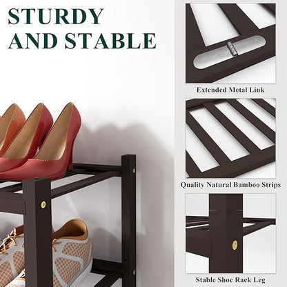 Smiry Bamboo Shoe Rack for Closet, 2 Tier Wooden Stackable Shoe Organizer, Free Standing Shoes Storage Shelf for Entryway, Front Door Entrance, Brown