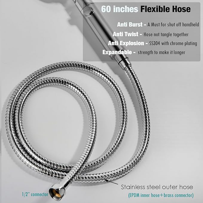 Adhesive Shower Head Holder with Hose - 60 Inches Extendable Stainless Steel Flexible Shower Hose