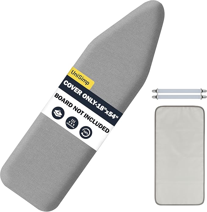 Ironing Board Cover and Pad 18"x54" Extra Thick Natural Cotton, Scorch and Stain Resistant Iron Board Cover, Extra Large Iron Board Cover with Fasteners Heavy Duty Heatproof Elastic Edge Gray
