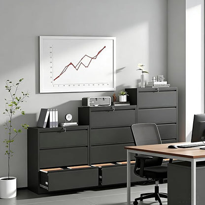 3 Drawer Lateral File Cabinet with Lock, Metal Lateral Filing Cabinet for Home Office, Steel Wide Horizontal Filing Cabinets for Letter/Legal/A4/F4 Hanging Files (Black)