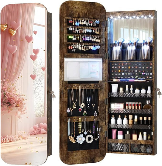 Vlsrka 6 LEDs Mirror Jewelry Cabinet Door Hanging, 47.2" Wall Mounted Jewelry Cabinet, Lockable Full Length Mirror with Storage, Rounded Corner Mirror Jewelry Organizer, 2 Drawers, Rustic Brown