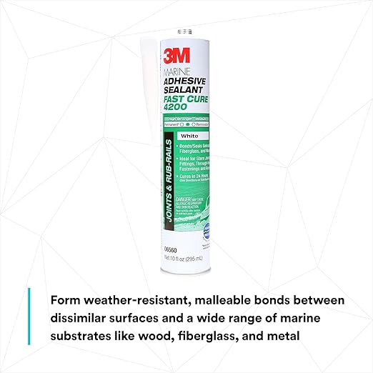 3M Marine Adhesive Sealant Fast Cure 4200 (06560) – Semi-Permanent Flexible Adhesive Sealant for Boats and RVs, White, Flexible Bonds, Underwater-Safe, 295 mL Cartridge