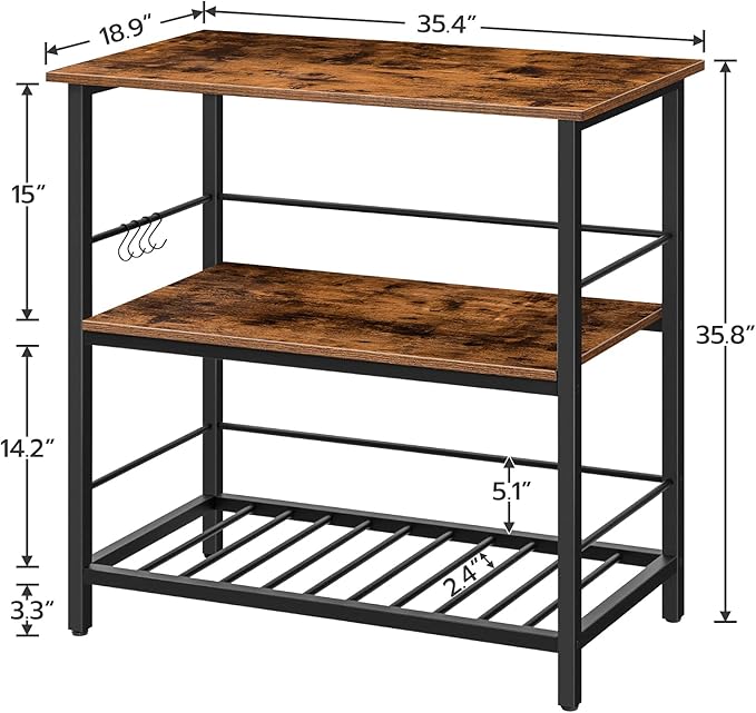 HOOBRO Kitchen Island with Wine Rack, Industrial Island Counter with Hooks and Protective Rails, 3 Tier Kitchen Shelf with Large Workstation, Easy Assembly, Rustic Brown BF02ZD01